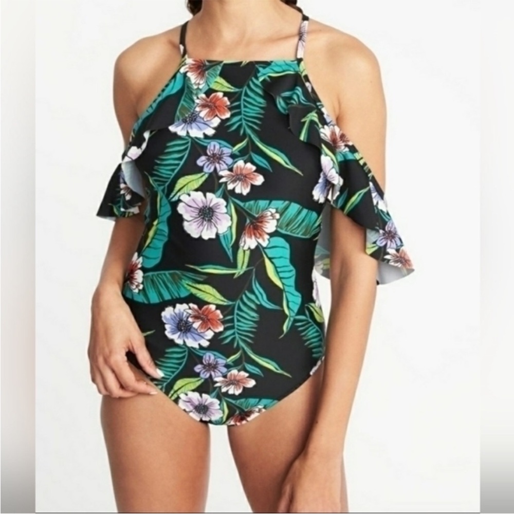 Old Navy Black Floral Tropical Flutter Sleeve One Piece Swimsuit Size XS